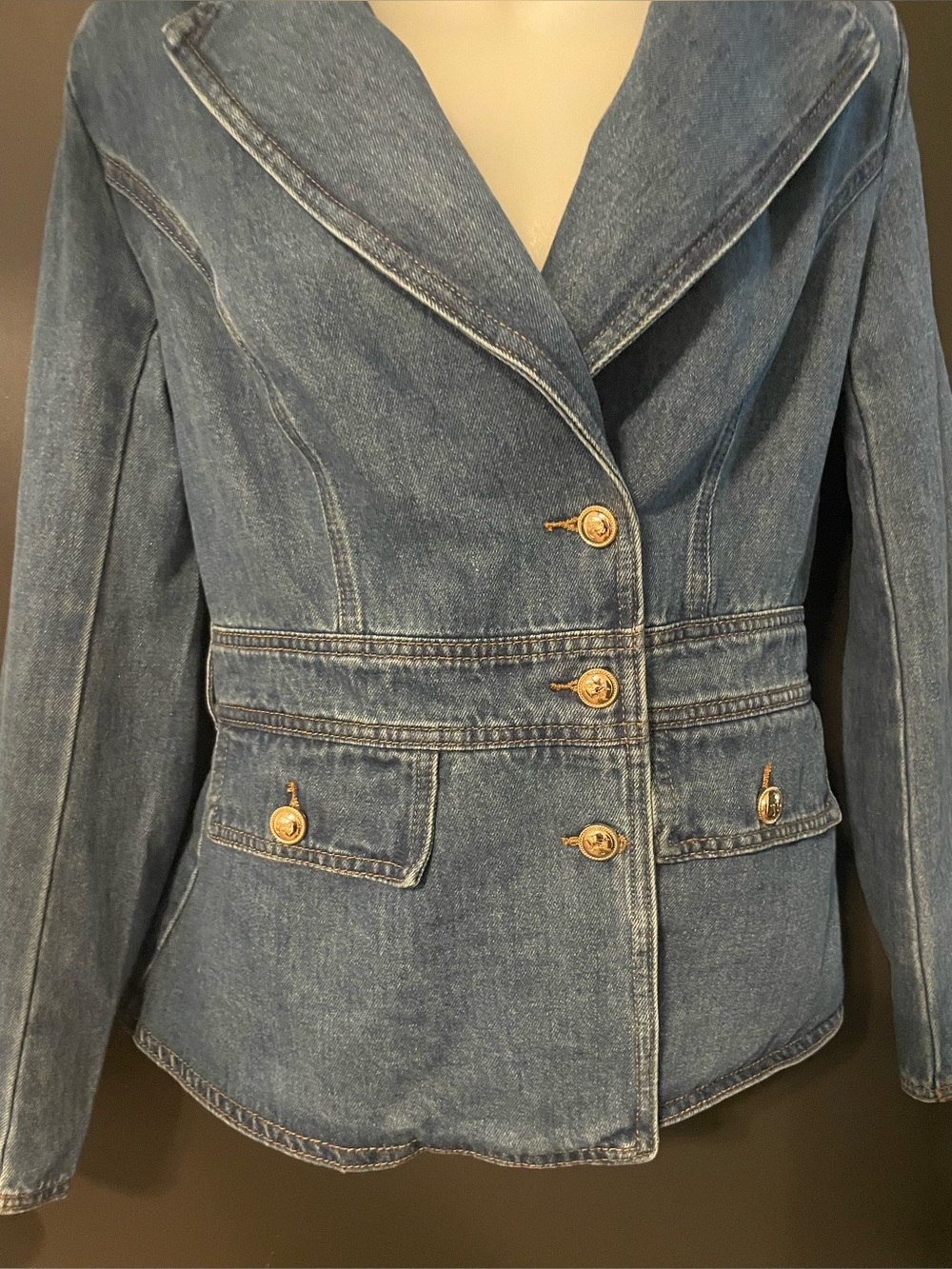 Tailored Denim Peplum Jacket Gold Button Hourglass Blazer Size S - Picture 4 of 9